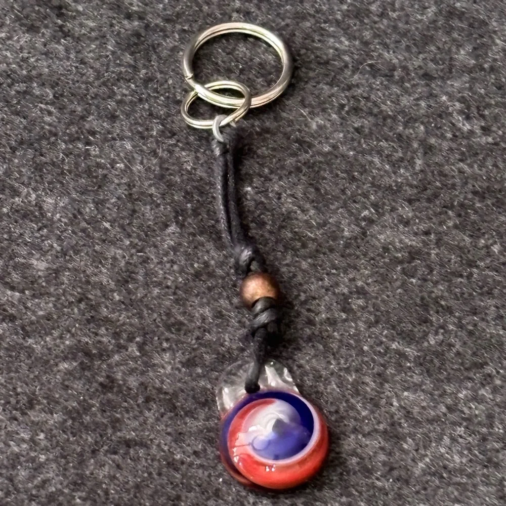 Red, White and Blue Marble Swirl Glass Pendant on Black Cord Keychain